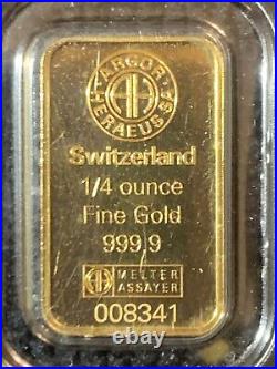 1/4 Oz Gold Bar In Assay Argor-heraeus. 999+ Fine Great Gift Excellent Condition