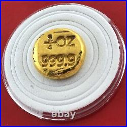 1/4 Troy Oz 9999 Fine Solid Gold Hand Poured Hallmarked Round Bar Ingot