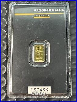 1 Gram. 9999 Fine Gold Bar Argor-Heraeus (In Assay) Swiss HOLO Back Kinebar