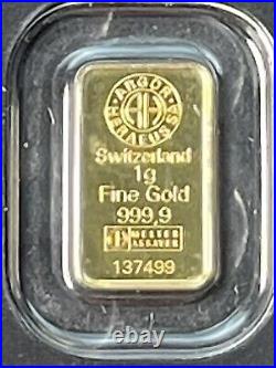 1 Gram. 9999 Fine Gold Bar Argor-Heraeus (In Assay) Swiss HOLO Back Kinebar