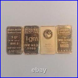 1 Gram. 9999 Fine Gold Bar Lot (4 Bars)