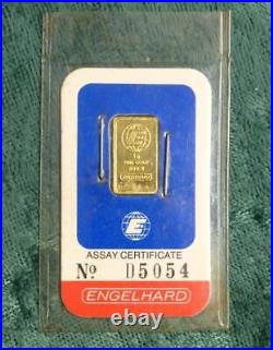 1 Gram. 9999 Fine Gold Engelhard Bar on Card, 1g Gold Bar, Serial #D5054
