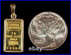 1 Gram 999.9 Fine Gold Bar Credit Suisse Pendent Frame & Bail New