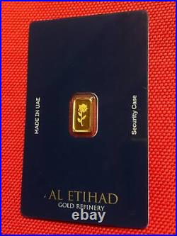 1 Gram Al Etihad (UAE) 999.9 Fine Gold Rose Art Bar in Certified Assay Card