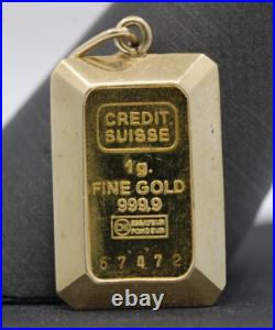 1 Gram Credit Sussie 0.9999 Fine Gold Bar in 14k Bezel Pendant