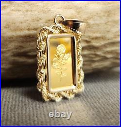 1 Gram Fine Gold Rose Bar. 999 in 14k Rope Style 2 Gram Bezel, Necklace Pendant