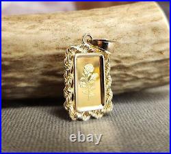 1 Gram Fine Gold Rose Bar. 999 in 14k Rope Style 2 Gram Bezel, Necklace Pendant