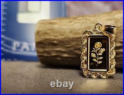 1 Gram Fine Gold Rose Bar. 999 in 14k Rope Style 2 Gram Bezel, Necklace Pendant