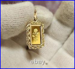 1 Gram Fine Gold Rose Bar. 999 in 14k Rope Style 2 Gram Bezel, Necklace Pendant