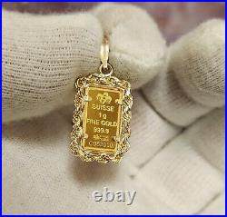 1 Gram Fine Gold Rose Bar. 999 in 14k Rope Style 2 Gram Bezel, Necklace Pendant