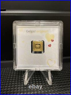 1 Gram Geiger Heart Gold Bar 999.9 Fine In Assay Collectible Gift of Love