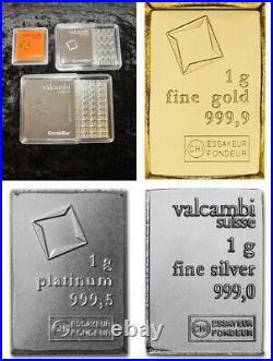 1 Gram Gold, 1 Gram Platinum, 1 Gr Silver. 999 Fine Valcambi Suisse Bullion Bars