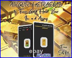 1 Gram Gold Argor Heraeus Bar. 9999 Fine (In Assay BU Beautiful)