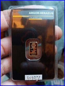 1 Gram Gold Argor Heraeus Bar. 9999 Fine (In Assay BU Beautiful)