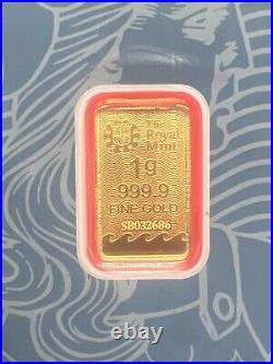 1 Gram Gold Royal Mint U. K. Britannia Gold Bar 999.9 Fine Sealed in Assay Card