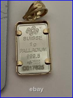 1 Gram Pamp Palladium Bar 999.5 Fine Lady Fortuna In A 14k Gold Bezel Pendant