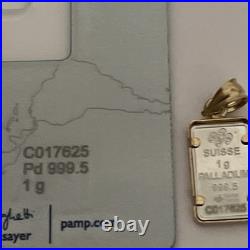 1 Gram Pamp Palladium Bar 999.5 Fine Lady Fortuna In A 14k Gold Bezel Pendant