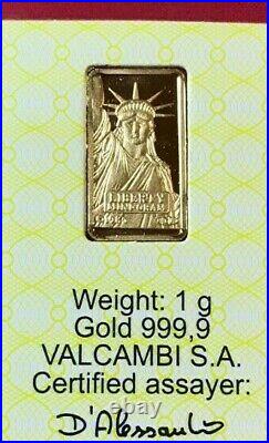 1 Gram STATUE OF LIBERTY CREDIT SUISSE. 9999 fine GOLD BAR-Ingot in Assay Card