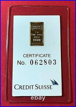 1 Gram STATUE OF LIBERTY CREDIT SUISSE. 9999 fine GOLD BAR-Ingot in Assay Card