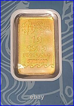 1 Gram Solid 24ct Gold Bar 999.9 Pure Fine Bullion Royal Mint COA Sealed