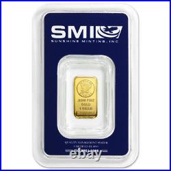 1 Gram Sunshine Mint. 9999 Fine Gold Bar In Assay Mint Mark SI 1 Gram Sunshine Mint. 9999 Fine Gold Bar In Assay Mint Mark SI