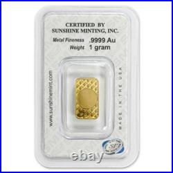 1 Gram Sunshine Mint. 9999 Fine Gold Bar In Assay Mint Mark SI 1 Gram Sunshine Mint. 9999 Fine Gold Bar In Assay Mint Mark SI