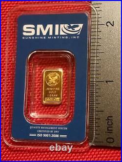 1 Gram Sunshine Minting. 9999 Fine Gold Certified Bar in Sealed Card