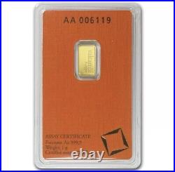 1 Gram Valcambi Suisse. 9999 Fine Gold Bar in Assay