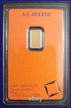 1 Gram Valcambi Suisse. 9999 Fine Gold Bar in Assay