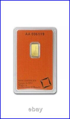 1 Gram Valcambi Suisse. 9999 Fine Gold Bar in Assay