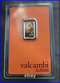 1 Gram Valcambi Suisse. 9999 Fine Gold Bar in Assay Card