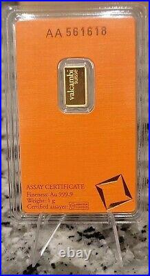 1 Gram Valcambi Suisse. 9999 Fine Gold Bar in Assay Card In Stock