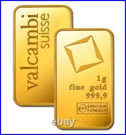 1 Gram Valcambi Suisse. 9999 Fine Gold Bar in Assay Card In Stock