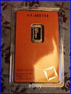 1 Gram Valcambi Suisse. 9999 Fine Gold Bar in Orange Assay Card