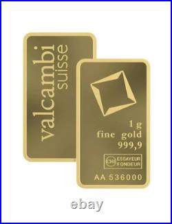 1 Gram Valcambi Suisse 999,9 Fine Gold Bar Sealed in Assay Card 1 Gram Valcambi Suisse 999,9 Fine Gold Bar Sealed in Assay Card