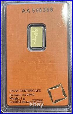 1 Gram Valcambi Suisse Gold Bar in Assay Card 999.9 Fine