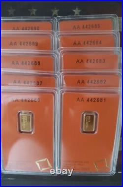 1 Gram Valcambi Suisse Lot of 10 Fine Gold Bars. 9999 New withAssay Card 1 Gram Valcambi Suisse Lot of 10 Fine Gold Bars. 9999 New withAssay Card
