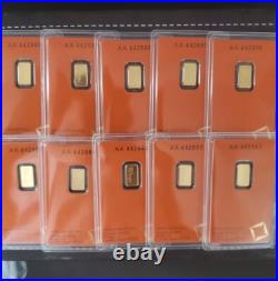 1 Gram Valcambi Suisse Lot of 10 Fine Gold Bars. 9999 New withAssay Card 1 Gram Valcambi Suisse Lot of 10 Fine Gold Bars. 9999 New withAssay Card
