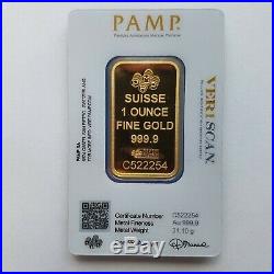 1 Ounce PAMP Suisse Lady Fortuna Fine Gold Bar 999.9 Certified C522254 In Assay