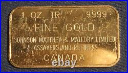 1 Oz. 9999 Fine Gold Ingot Johnson Matthey Canada Lot 110941