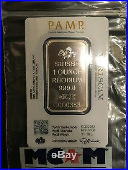 1 Oz. Rhodium Bar Bullion PAMP Suisse 999.0 Fine In Sealed Veriscan Assay Card