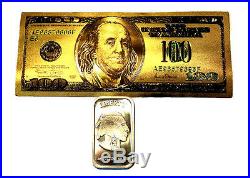 1 Troy Ounce. 999 Fine Silver Buffalo Bar Bu + 1 99.9% 24k Gold $100 Bill