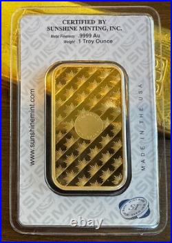 1 Troy oz Sunshine Mint Gold Bar. 9999 Fine Sealed In Assay Mint Mark SI A087634 1 Troy oz Sunshine Mint Gold Bar. 9999 Fine Sealed In Assay Mint Mark SI A087634