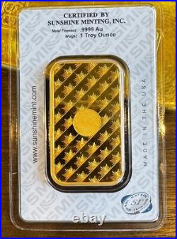 1 Troy oz Sunshine Mint Gold Bar. 9999 Fine Sealed In Assay Mint Mark SI A091389 1 Troy oz Sunshine Mint Gold Bar. 9999 Fine Sealed In Assay Mint Mark SI A091389