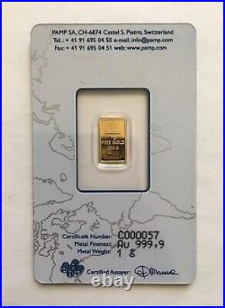 1 gram 24K. 9999 Fine Gold Very Rare Low Numbered Pamp Liberty # 57 Sealed