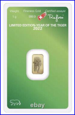 1 gram Gold Bar Argor Heraeus 2022 Lunar Year of the Tiger 999.9 Assay Fine 1g