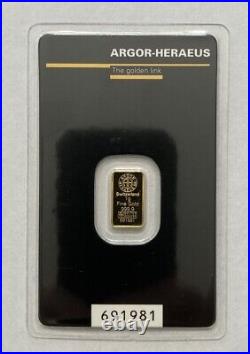 1 gram Gold Bar Argor Heraeus. 9999 Fine Sealed Assay