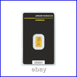 1 gram Gold Bar Argor Heraeus Kinebar Hologram 999.9 Fine in Assay Card