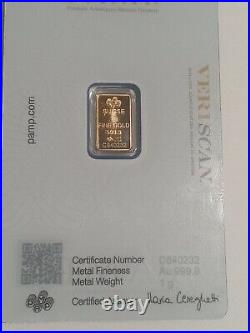 1 gram Gold Bar PAMP Suisse Fortuna 999.9 Fine in Sealed Assay