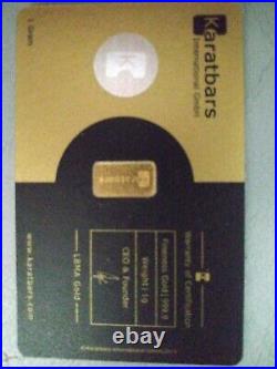 1 gram KARATBARS Gold Bullion. 9999 Fine Gold bar 24K CERITIFIED & VERIFIED